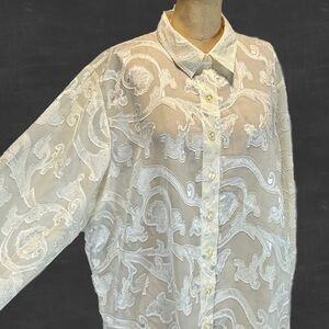 VINTAGE floral sheer cutout peekaboo blouse button down shirt ivory elegant 90s